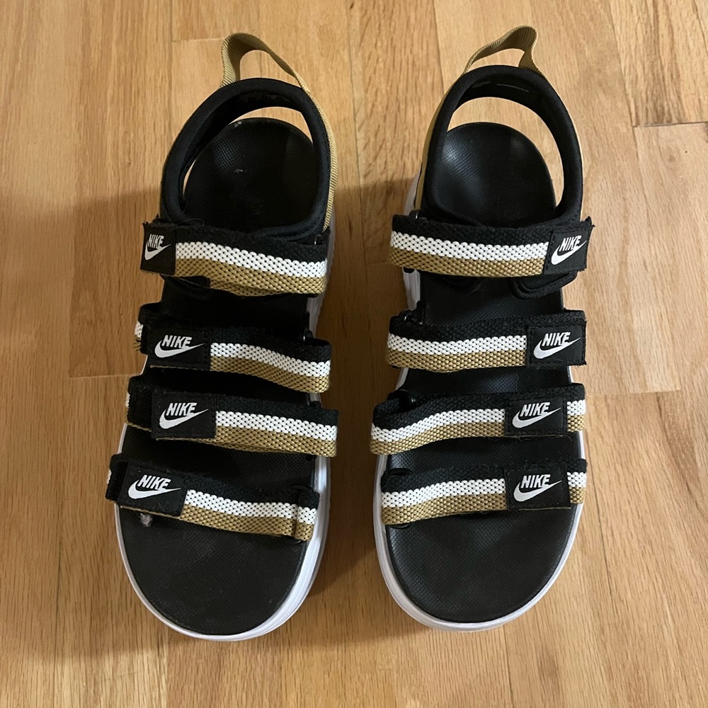 Nike Women’s Classic Icon Black and Gold Strap Sandals - Size 8